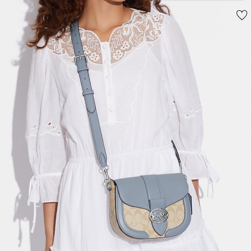 COACH Georgie Saddle Bag In Signat Canvas COLOR:
Silver/Light Khaki/Marble Blue - Picture 2 of 16